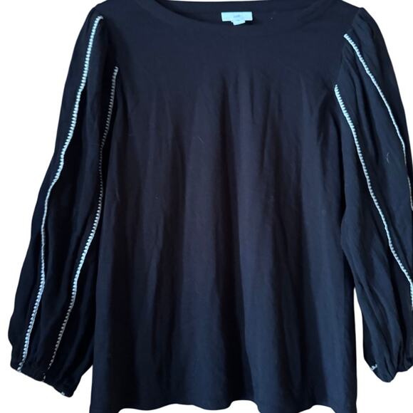 J.Jill Black Puff Sleeve Top White Stitching Bohemian Cottagecore XS - Picture 2 of 7